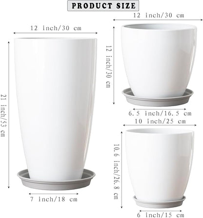 Tall Round Plant Pots with Drainage Holes & Saucer Plastic Decoration Planters for Indoor & Outdoor Garden Home Plants,White Flower Pots 3 Pack 11"/12"/21" H