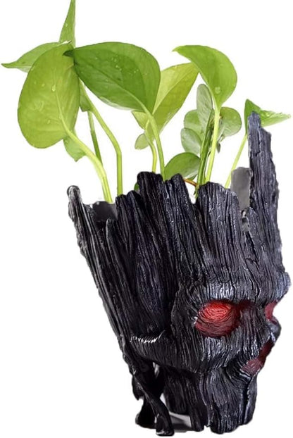 Mikayoo Stump Skull Flower Pot - Treeman Pen Holder & Creative Green Plant Pot - 7" High, 4.7" Wide (Black)
