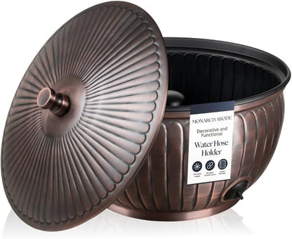 Monarch Abode Garden Hose Holder with Lid – Decorative Water Hose Holders for Outside, Arch Embossed Metal Antique Copper Pot with Drainage, 100ft Waterhose Holder for Outside, Garden Storage Caddy