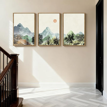 ANHUIB Mountain Wall Art 16x24 Inch Watercolor Landscape Wall Decor Sun Forest Painting Minimalist Pine Tree Artprint Nature Illustration Set of 3 for Living Room Dining Room Office