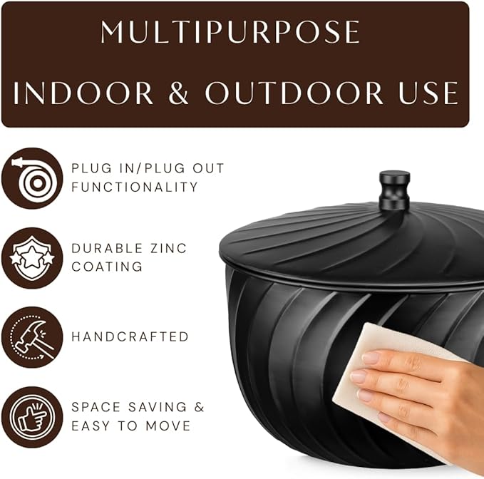 Monarch Abode Garden Hose Holder with Lid – Decorative Water Hose Holders for Outside, Wave Embossed Metal Matte Black Pot with Drainage, 100ft Waterhose Holder for Outside, Garden Storage Caddy
