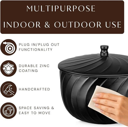 Monarch Abode Garden Hose Holder with Lid – Decorative Water Hose Holders for Outside, Wave Embossed Metal Matte Black Pot with Drainage, 100ft Waterhose Holder for Outside, Garden Storage Caddy