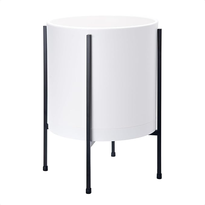 D'vine Dev 12 Inch White Planter Pot with Stand – Modern Plastic Cylinder Flower Pot with Heavy-Duty Metal Stand for Indoor Plants, 55-D-A-3
