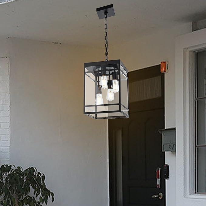 Large Outdoor Pendant Light for Porch, Black Outdoor Hanging Pendant Lighting Fixture, Exterior Linear Chandelier Hanging Lantern for Outside Patio,Front Door