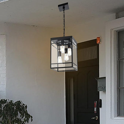 Large Outdoor Pendant Light for Porch, Black Outdoor Hanging Pendant Lighting Fixture, Exterior Linear Chandelier Hanging Lantern for Outside Patio,Front Door