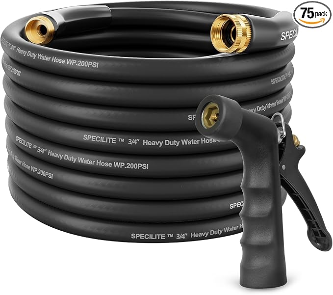 SPECILITE 3/4" Hot/Cold Garden Hose 75 ft with Industrial High Pressure Nozzle, Flexible & Lightweight, 600psi Burst Rubber Water hose -50℉-158℉ With 3/4" Brass Fittings for Yard, Black