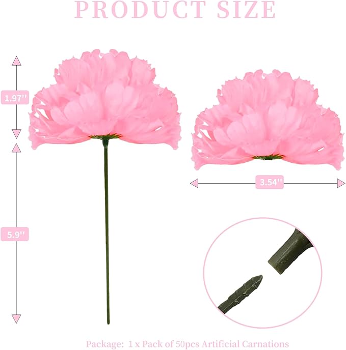 Silk Carnation Flower, 50 Artificial Flowers, Used for Wedding Decoration DIY Handmade Flowers, Carnation Flower Diameter 3.5 Inches and 6 Inches Stem (Pink)