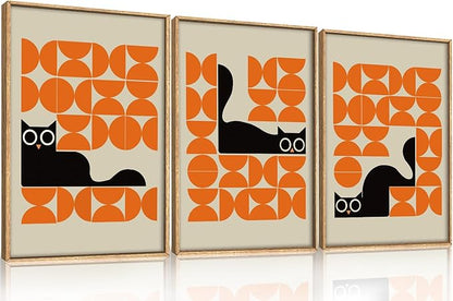HOURIA Geometric Black Cat Framed Canvas Wall Art Set,Abstract Orange & Cream Wall Decor,Round Eyes Playful Kitten Wall Painting,Modern Animal Prints for Nursery,Living Room,Office - 16"x24"x3