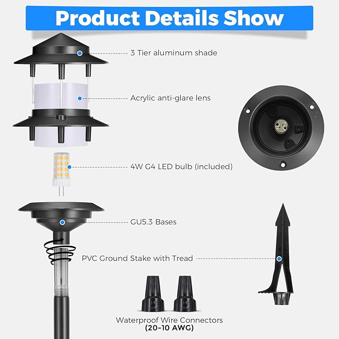 Gardencoin Pagoda Low Voltage Landscape Pathway Lights, 12V Outdoor LED Path Lights Wired, Aluminum Walkway Lighting with 4W 2700K Replaceable G4 Bulb, Classic 3-Tier Lantern, 6 Pack