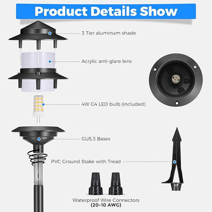 Gardencoin Pagoda Low Voltage Landscape Pathway Lights, 12V Outdoor LED Path Lights Wired, Aluminum Walkway Lighting with 4W 2700K Replaceable G4 Bulb, Classic 3-Tier Lantern, 6 Pack