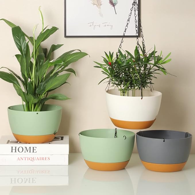Lookat Set of 3 Self-Watering Hanging Pots for Plants Outdoor Indoor, Hanging Planters with Drainage Hole (8.3inch Green（3 Pieces）)