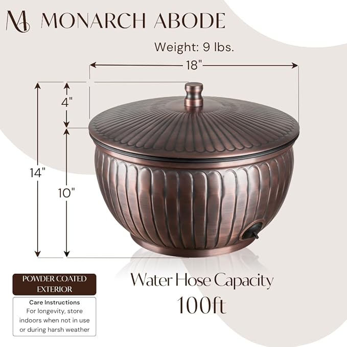 Monarch Abode Garden Hose Holder with Lid – Decorative Water Hose Holders for Outside, Arch Embossed Metal Antique Copper Pot with Drainage, 100ft Waterhose Holder for Outside, Garden Storage Caddy