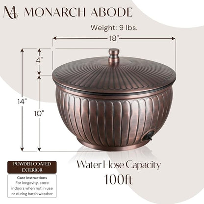 Monarch Abode Garden Hose Holder with Lid – Decorative Water Hose Holders for Outside, Arch Embossed Metal Antique Copper Pot with Drainage, 100ft Waterhose Holder for Outside, Garden Storage Caddy