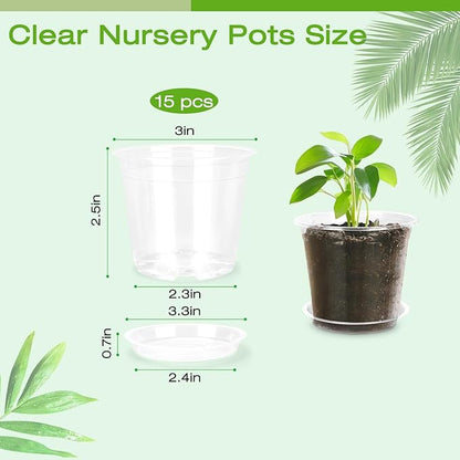 3 Inch Clear Nursery Pots with Drainage Trays, 15 Pack Plastic Pots for Plants, Clear Pot for Seed Starting, Transplanting, Succulents, and Indoor Gardening (3 inch)