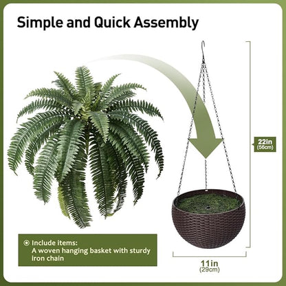 48" Artificial Boston Fern Hanging Plants with Basket - UV Resistant Fake Plant for Outdoor Indoor - Large Realistic Faux Greenery for Front Porch, Front Door, Patio Decor, Set of 1, VN142