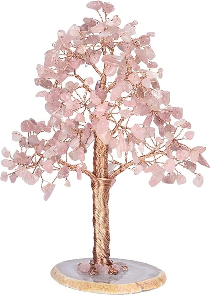 Natural Healing Crystal Tree of Prosperity Wire Wrapped on Agate Base Money Tree Bonsai Tree Home Office Decoration for Good Luck, Rose Quartz