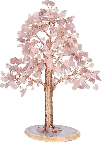 Natural Healing Crystal Tree of Prosperity Wire Wrapped on Agate Base Money Tree Bonsai Tree Home Office Decoration for Good Luck, Rose Quartz
