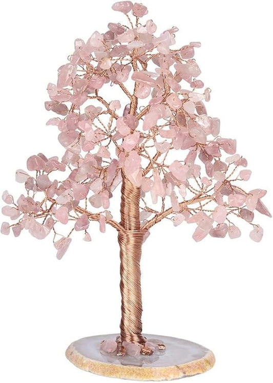 Natural Healing Crystal Tree of Prosperity Wire Wrapped on Agate Base Money Tree Bonsai Tree Home Office Decoration for Good Luck, Rose Quartz