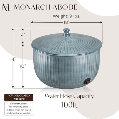 Monarch Abode Garden Hose Holder with Lid – Decorative Water Hose Holders for Outside, Ridge Embossed Metal Patina Pot with Drainage, 100ft Waterhose Holder for Outside, Garden Storage Caddy