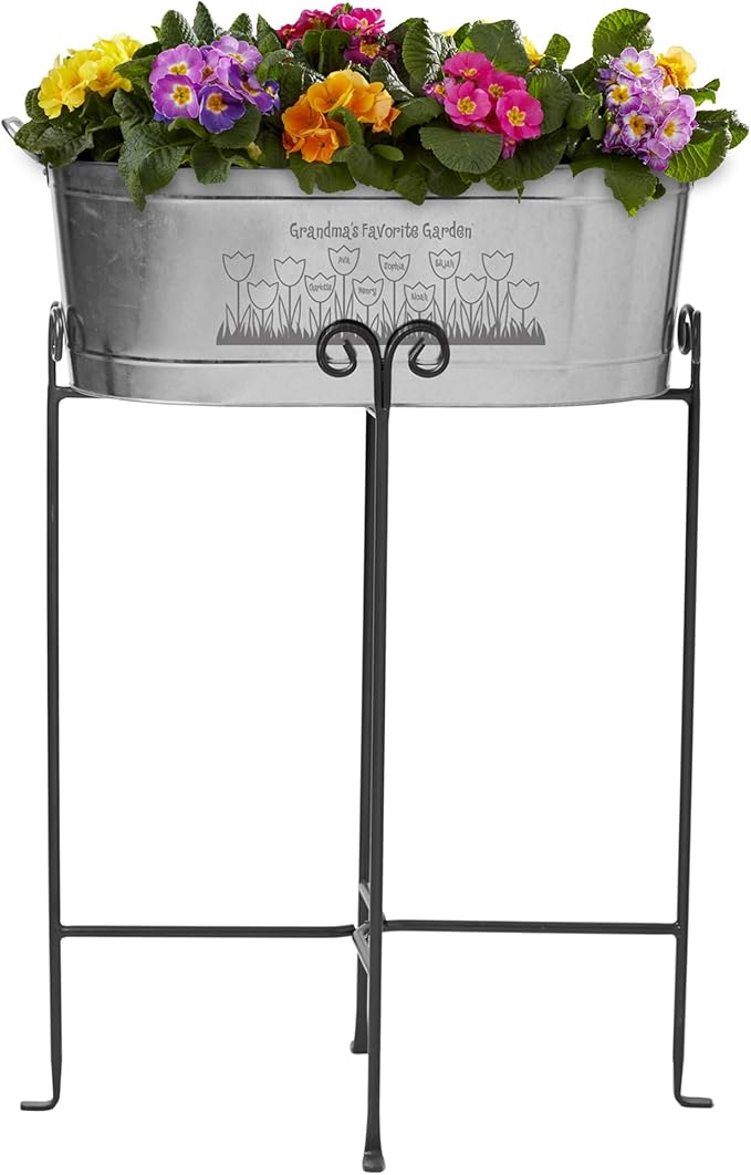 Let's Make Memories Personalized Planter Tub for Mom Grandma Wife - Custom Engraved Decorative Metal Flower Pot - Mothers Day from Family Daughter Son Kids - 5.5 Gallons - Tulip Design w/Stand