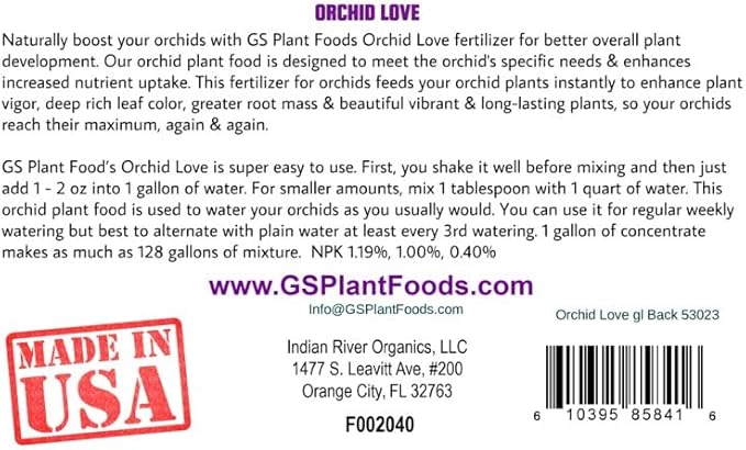 Orchid Love Orchid Fertilizer by GS Plant Foods - Liquid Fertilizer (1 Gallon) - Food and Nutrient Source Suitable for All Species and Types – Provides Nutritional Benefit to Orchids