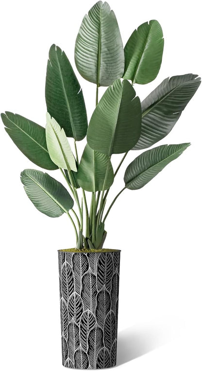 Artificial Tree in Black and White Leaf Design Planter, Fake Bird of Paradise Silk Tree for Indoor and Outdoor Home Decoration - 67" Overall Tall (Plant Pot Plus Tree)