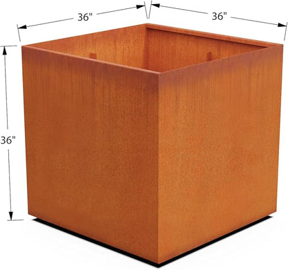 Plantercraft Corten Steel Planter Square Cube Metal Box Modern Rust Outdoor Heavy Duty | Made in USA | Fully Assembled | Commercial Residential | with Drain Holes