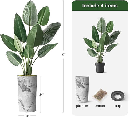 Artificial Tree in Gray Marble Effect Planter, Fake Bird of Paradise Silk Trees for Indoor and Outdoor Home Decoration - 67" Overall Tall (Plant Pot Plus Tree)