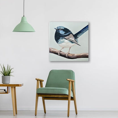 JolyWell Hand-Painted Bathroom Bird Decor Wall Art, Sparrow canvas Wall Picture,3D Effect Nature Poster painting Bluebird Artwork on Canvas for Kids Room Living Room Bedroom or Gift 12x12 in