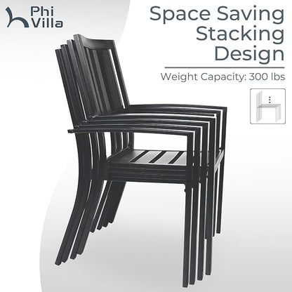 PHI VILLA 7 Piece Outdoor Dining Set for 6, Expandable Wood-Like Metal Dining Table & Wrought Iron Stackable Chairs, Large Dining Furniture for Patio, Deck, Backyard, Porch