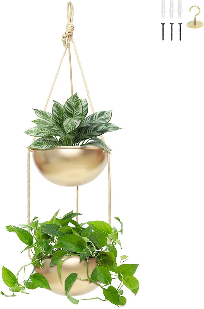 AceList 2 Pack Gold Hanging Planter for Indoor Plants - 9.8 Inch Boho Metal Plant Hanger Indoor with Hooks, Window Hanging Planters for Balcony and Ceiling