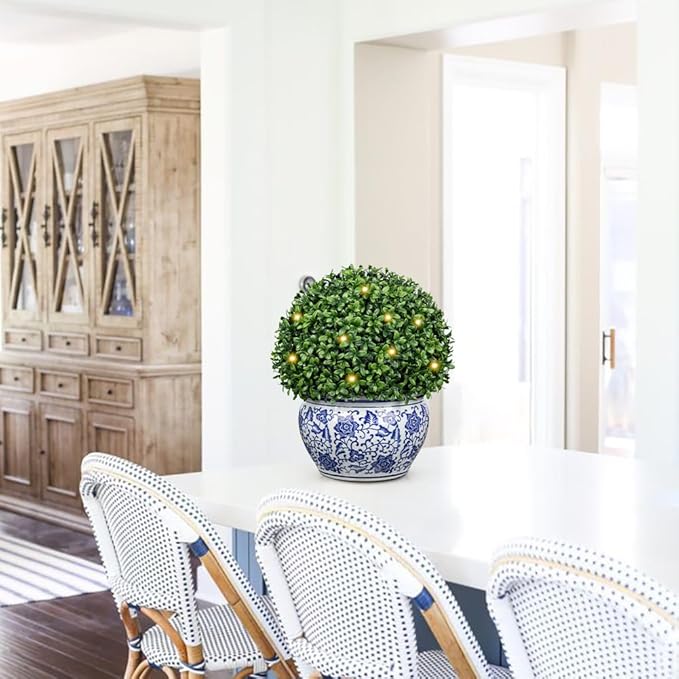 DILATATA Artificial Topiary Boxwood Ball in Blue and White Ceramic Pot, Lighted Artificial Boxwood in Planters 13 Inch Decorative Fake Greenery for Table Centerpiece Indoor Plant Home Decor - Large