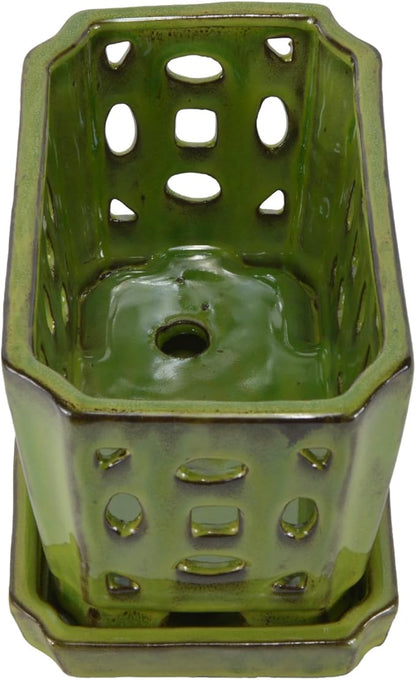 W&W Orchid Pot with Holes and Saucer for Repotting, YellowGreen, 9.7 Inches