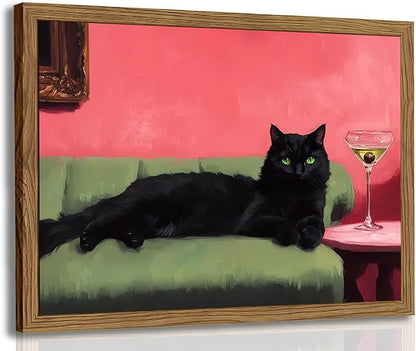 Cute Black Cat With Martini Wall Art Funny Animal Wall Decor Quirky Whimsical Cocktail Bar Cart Canvas Painting Poster Prints Pet Lover Picture Aesthetics for Bedroom Living Room Framed 12x16 inch
