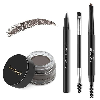 LAVONE Eyebrow Stamp Pencil Kit for Eyebrows, Makeup Brow Stamp Trio Kit with Waterproof Eyebrow Pencil, Eyeliner, Eyebrow Pomade, and Dual-ended Eyebrow Brush - Ebony