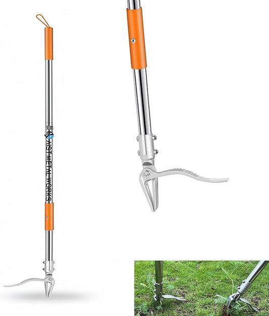 YYMIYU 52" Stand Up Weed Puller Tool – 4-Claw Stainless Steel Weeder with Grass-Pushing & Weed-Ejection Design – Heavy-Duty 0.8mm Steel Handle for Effortless Root Removal