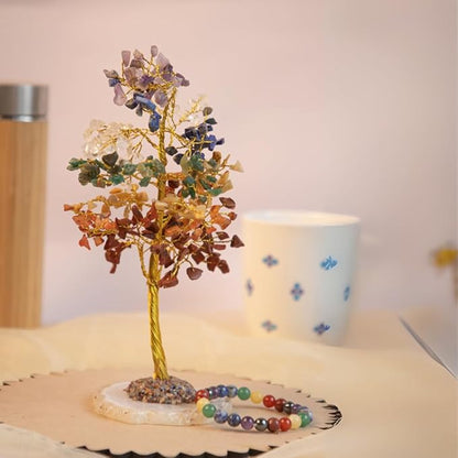 Crystal Tree with Bracelet for Home Decor, Healing, Spiritual Gifting, Room Decor, New Year & Good Luck Gifting | Made from Genuine Crystal Stones (7 Chakra) - 9 x 3 Inches