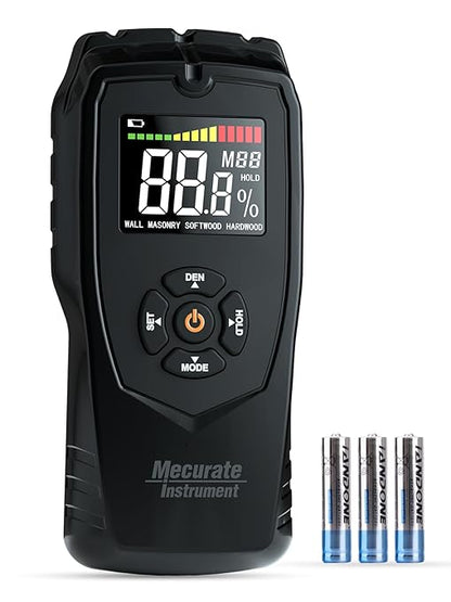 Moisture Meter Damp Meter Pinless Wood Moisture Meter for Walls Logs Firewood and Building Material, 4 Mode 9 Density Settings, Non-Destructive Moisture Detector with Backlit LCD and Alerts (Black)