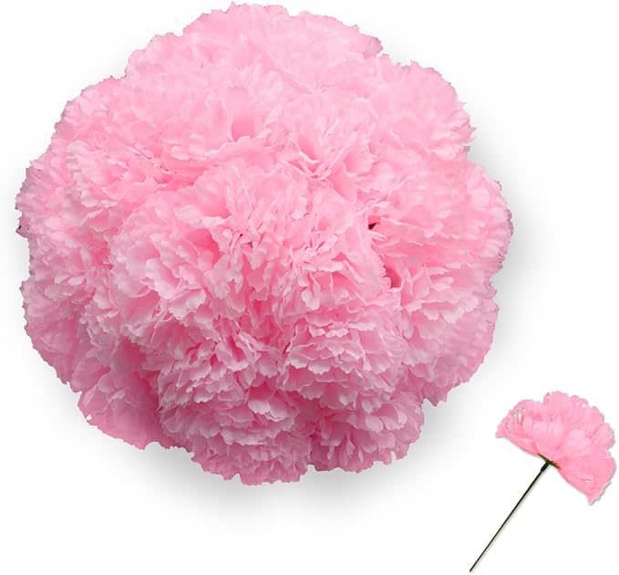 Silk Carnation Flower, 50 Artificial Flowers, Used for Wedding Decoration DIY Handmade Flowers, Carnation Flower Diameter 3.5 Inches and 6 Inches Stem (Pink)