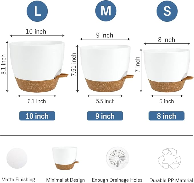 UUBEMM Self Watering Planters with Drainage Holes, Set of 3 Plastic Plant Pots with Deep Reservoir for Indoor Outdoor Garden Flowers Plants,10+9+8 Inch (White)
