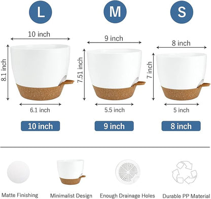 UUBEMM Self Watering Planters with Drainage Holes, Set of 3 Plastic Plant Pots with Deep Reservoir for Indoor Outdoor Garden Flowers Plants,10+9+8 Inch (White)