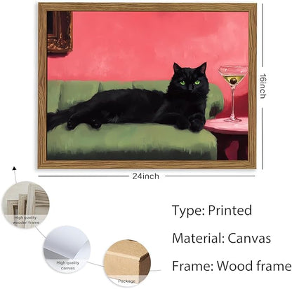 Cute Black Cat With Martini Wall Art Funny Animal Wall Decor Quirky Whimsical Cocktail Bar Cart Canvas Painting Poster Prints Pet Lover Picture Aesthetics for Bedroom Living Room Framed 16x24 inch