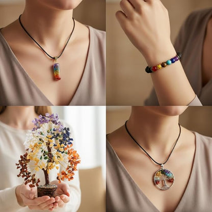 7 Chakra Healing Crystal Tree Kit, Bracelet, Pendant, Necklaces, Handmade Gemstone Money Bonsai Tree of Life Feng Shui Decor for Home Office, Positive Energy, Reiki Healing, for Women
