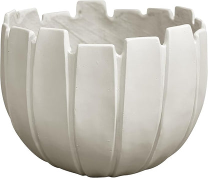 Large Round Planter with Drainage Hole, 9.5''H × 12.6''D Sphere Indoor Plant Pot, Modern Flower Pot for Outdoor Garden Patio Home, Wavy Rim Design, White