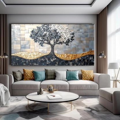 Tree Canvas Wall Art Abstract Tree of Life Canvas Artwork - Large Modern Nature Painting, Framed Prints for Living Room, Bedroom, Bathroom & Office Décor, Ready to Hang 32L x 16W