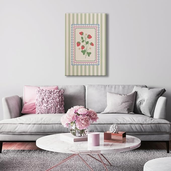 Vintage Green Striped Strawberry Canvas Prints Painting Trendy Botanical Flowers Posters Cute Fruit Cottagecore Wall Art Farmhouse Boho Aesthetic Pictures Decor for Kitchen Bedroom 24x36inch Framed
