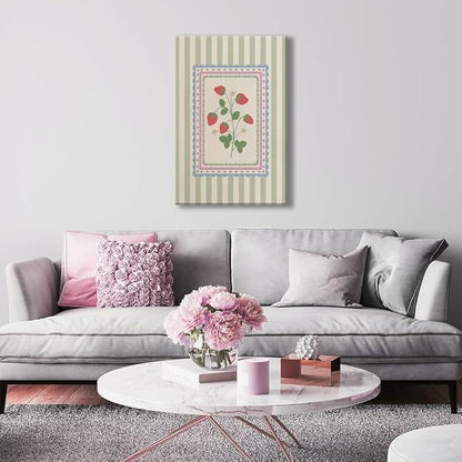 Vintage Green Striped Strawberry Canvas Prints Painting Trendy Botanical Flowers Posters Cute Fruit Cottagecore Wall Art Farmhouse Boho Aesthetic Pictures Decor for Kitchen Bedroom 24x36inch Framed