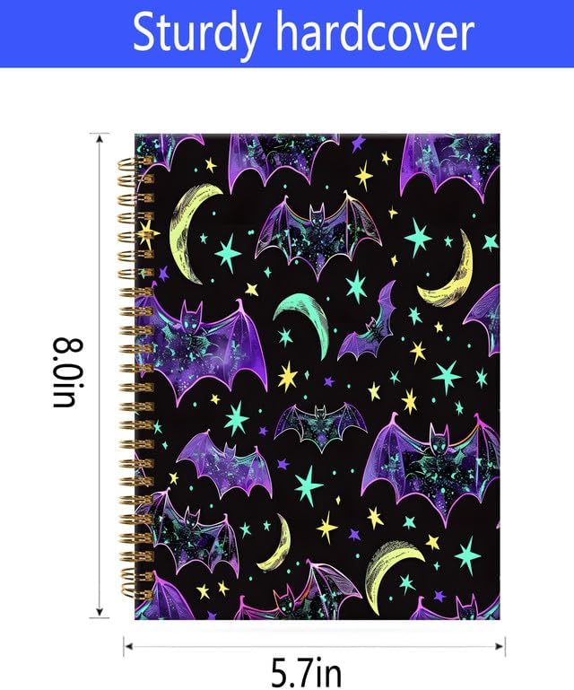 Spiral Journal Notebook,A5 Hardcover Lined Journals for Women Girl 6 x 8.3 in,120 Pages Thick Paper,Cute College Ruled Writing Notebook for Gifts Office Work School(Purple Bats Star)