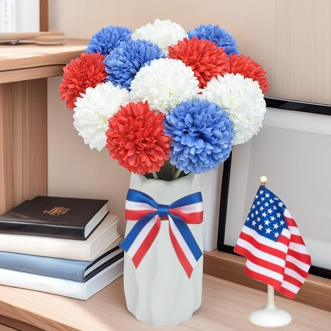 Artificial Flowers Chrysanthemum Ball Flowers 4th of July 12pcs Bouquet Present for Important People Glorious Moral for Home Office Coffee House Deco Parties and Wedding(White&Red&Blue)