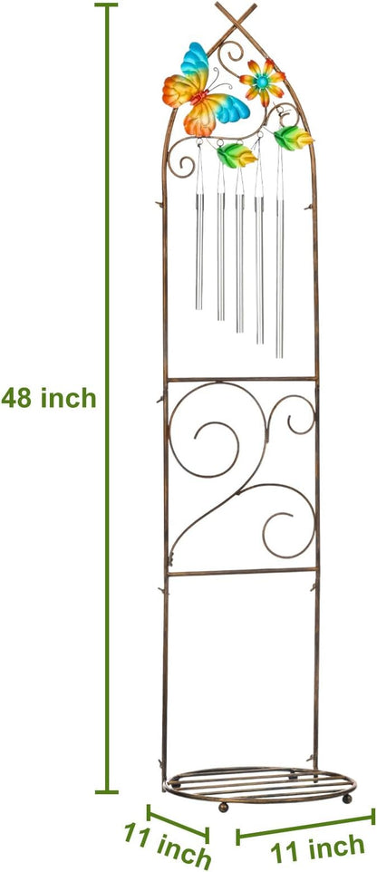 Plant Stands with Garden Trellis, 48” Metal Standing Wind Chimes Plant Pot Trellis with Butterfly for Garden Patio Backyard Climbing Plants Outdoor Decor
